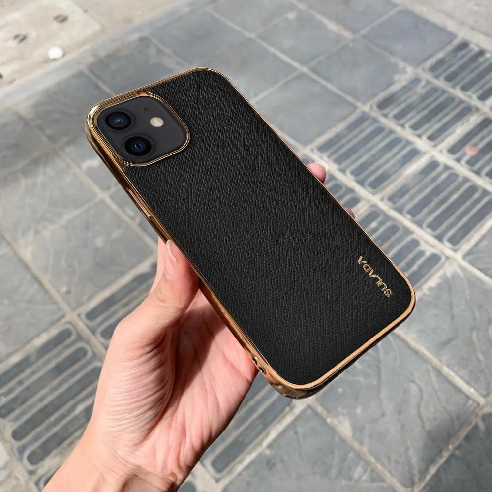 Etui do iPhone 12 Mini eleganckie luksusowe skórzane czarne ze złotem