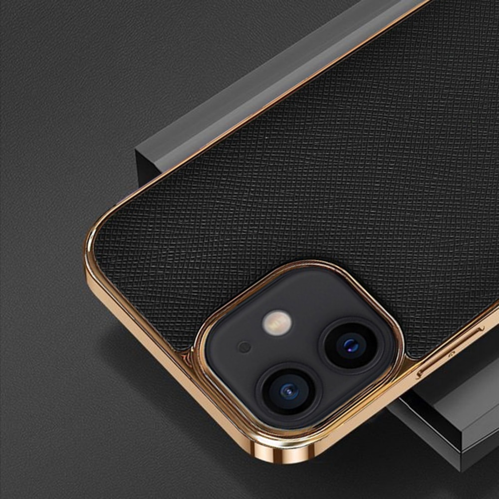 Etui do iPhone 12 Mini eleganckie luksusowe skórzane czarne ze złotem