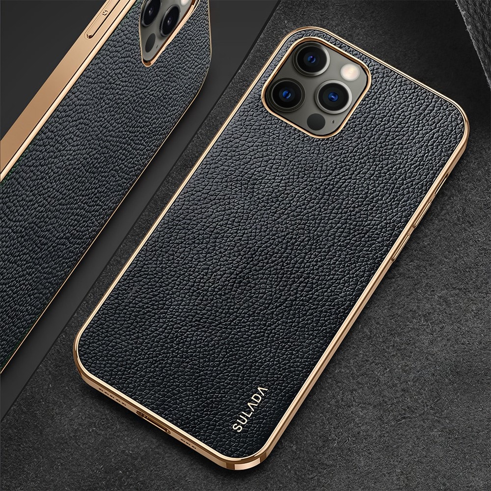 Etui do iPhone 12 Pro Max eleganckie luksusowe skórzane czarne ze złotem
