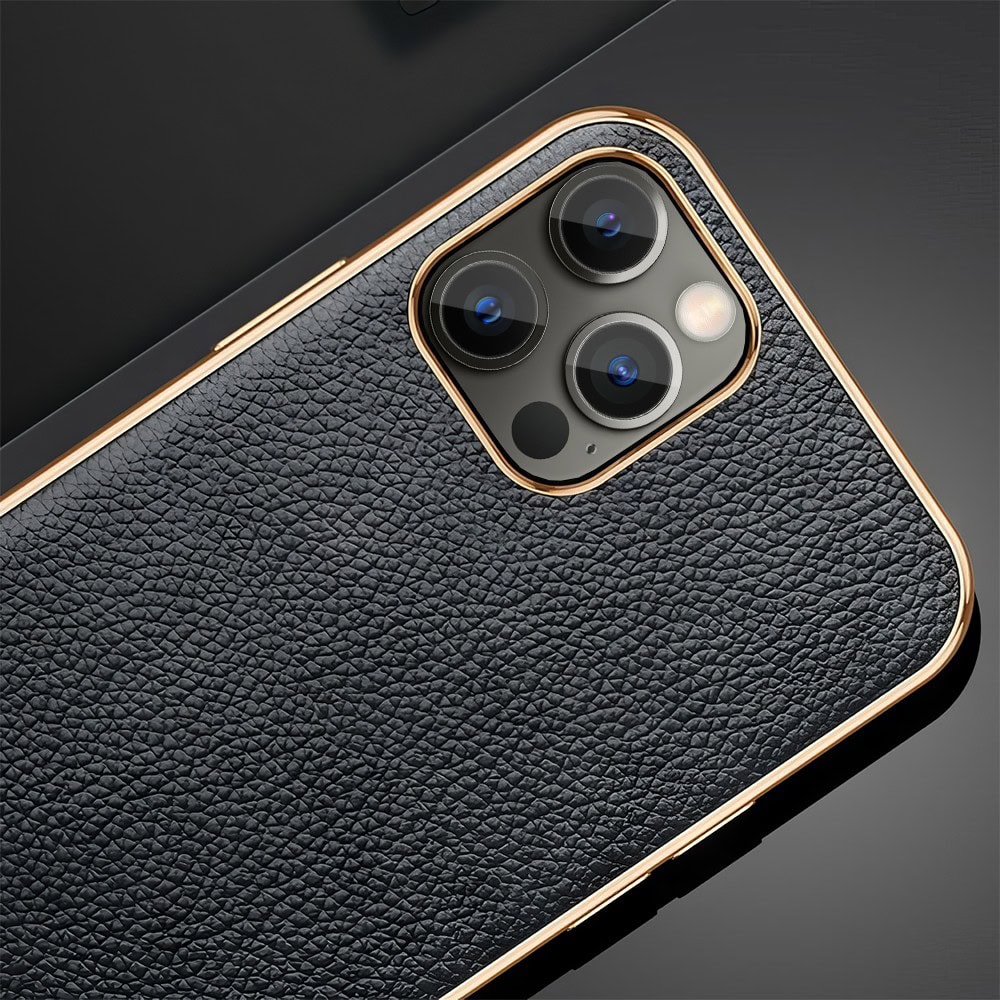 Etui do iPhone 12 Pro Max eleganckie luksusowe skórzane czarne ze złotem