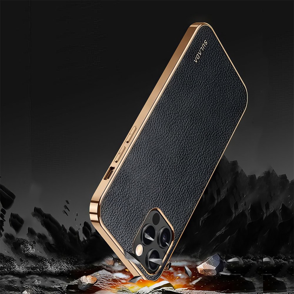 Etui do iPhone 12 Pro Max eleganckie luksusowe skórzane czarne ze złotem