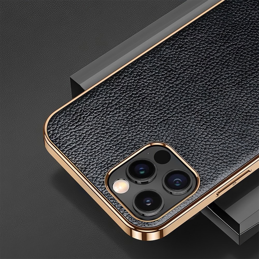 Etui do iPhone 12 Pro Max eleganckie luksusowe skórzane czarne ze złotem