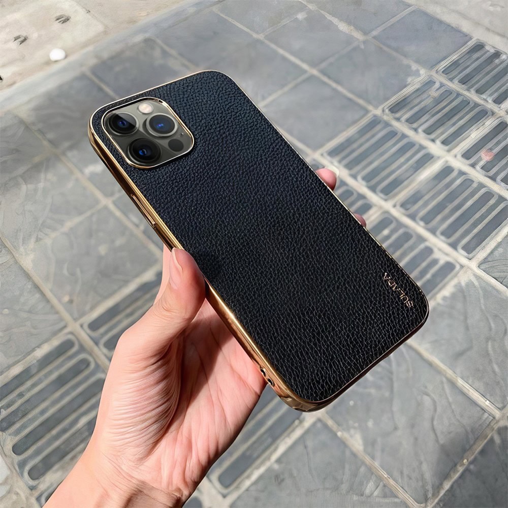 Etui do iPhone 12 Pro Max eleganckie luksusowe skórzane czarne ze złotem