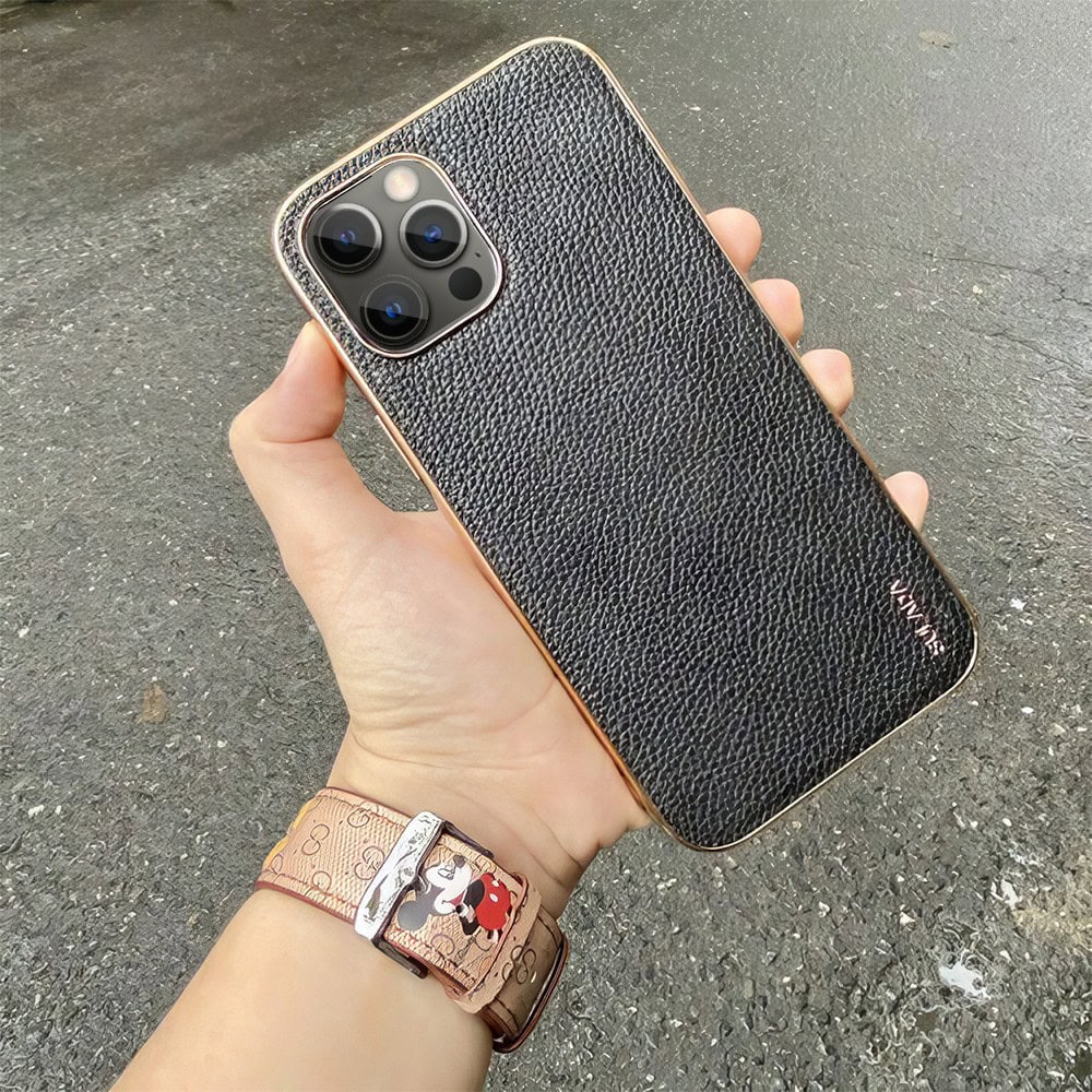 Etui do iPhone 12 Pro Max eleganckie luksusowe skórzane czarne ze złotem