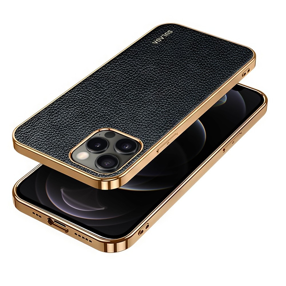 Etui do iPhone 12 Pro Max eleganckie luksusowe skórzane czarne ze złotem