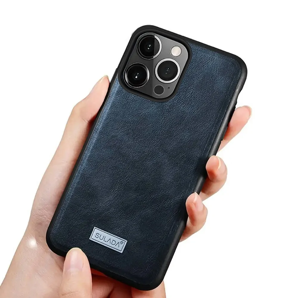 Etui do iPhone 13 Pro eleganckie luksusowe skórzane Velvet Blue Royal SULADA oryginal, granatowe