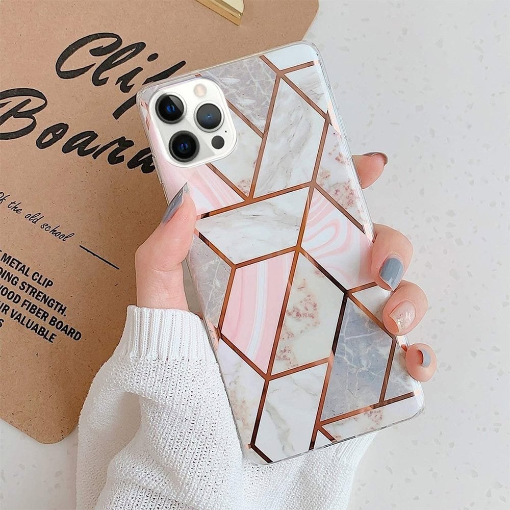 Etui do iPhone 12 Pro szaro-różowy marmur ze złotymi wzorami