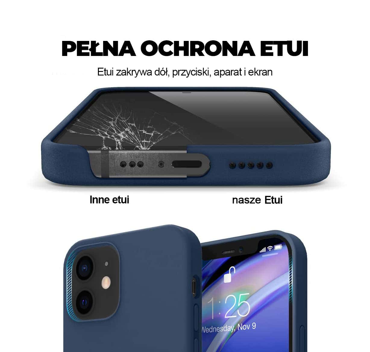 Etui do iPhone 12 silikonowe z mikrofibrą soft touch, granatowe