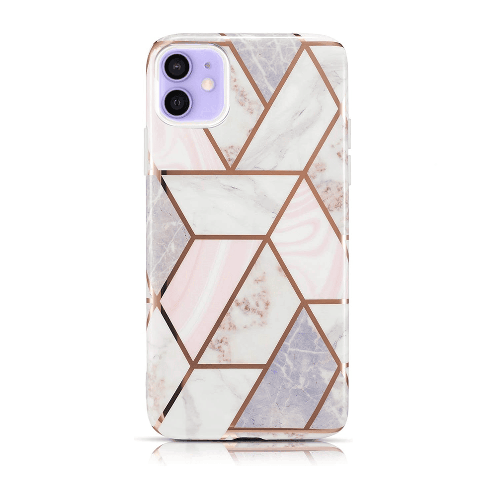 Etui do iPhone 12 szaro-różowy marmur ze złotymi wzorami