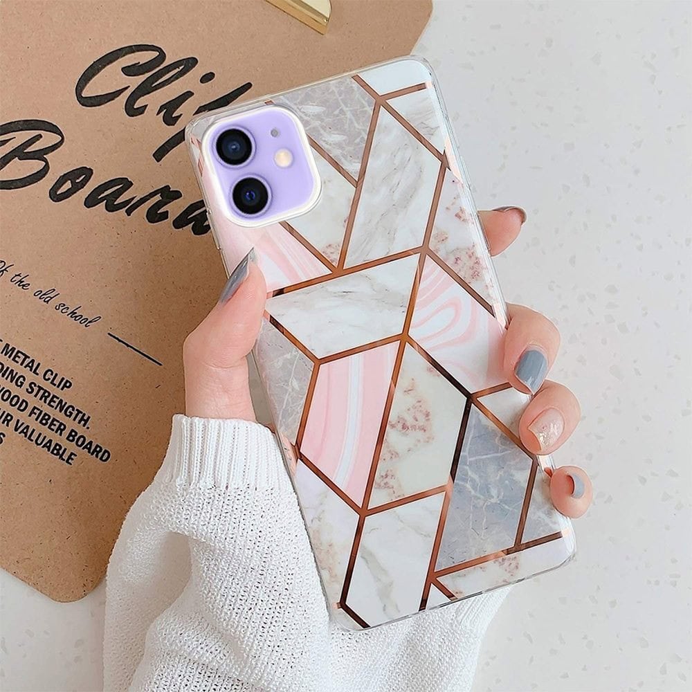 Etui do iPhone 12 szaro-różowy marmur ze złotymi wzorami