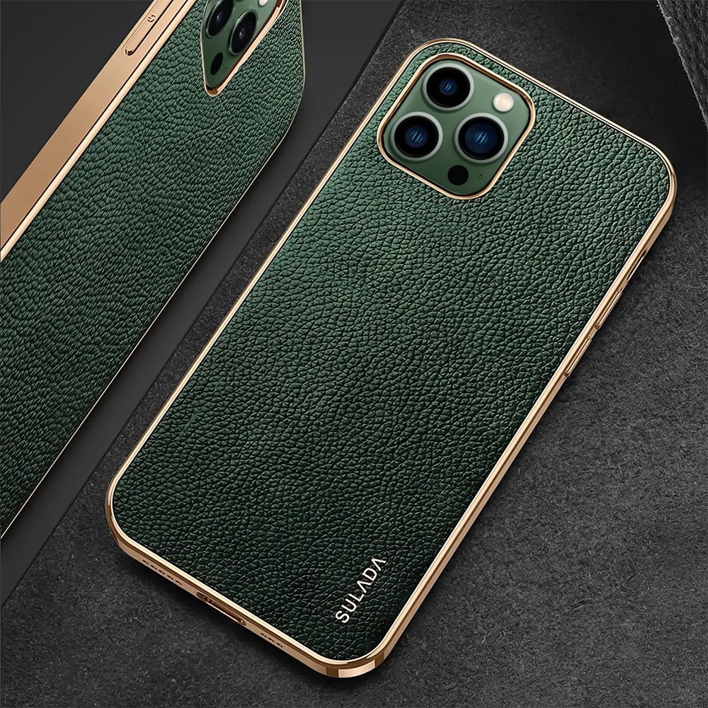 Etui do iPhone 13 Pro Max eleganckie luksusowe skórzane zielone ze złotem