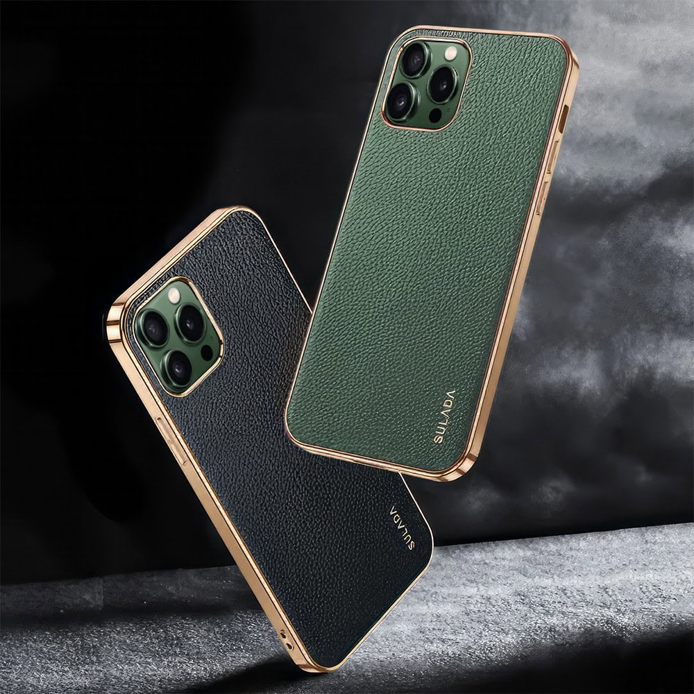 Etui do iPhone 13 Pro Max eleganckie luksusowe skórzane zielone ze złotem