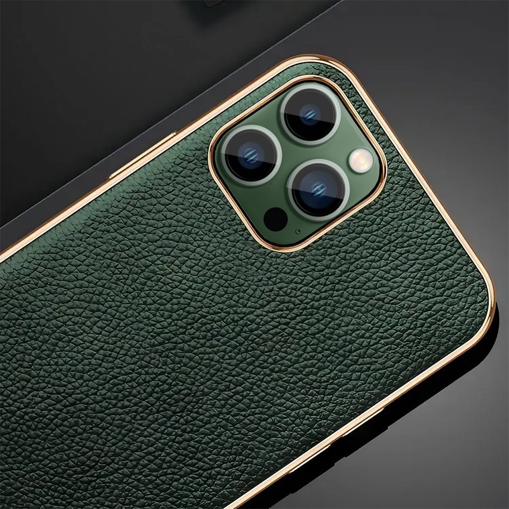 Etui do iPhone 13 Pro Max eleganckie luksusowe skórzane zielone ze złotem