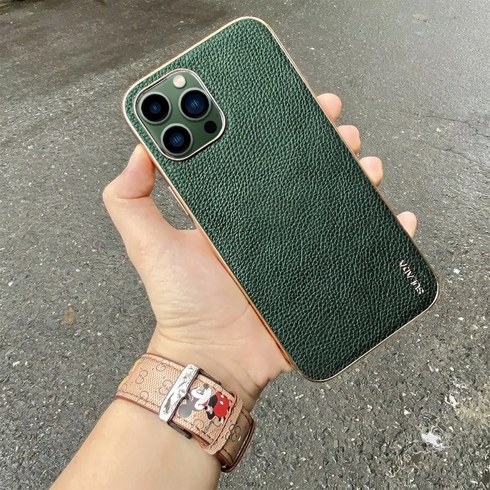 Etui do iPhone 13 Pro Max eleganckie luksusowe skórzane zielone ze złotem