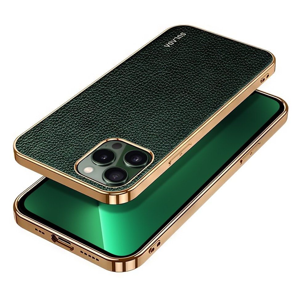 Etui do iPhone 13 Pro Max eleganckie luksusowe skórzane zielone ze złotem
