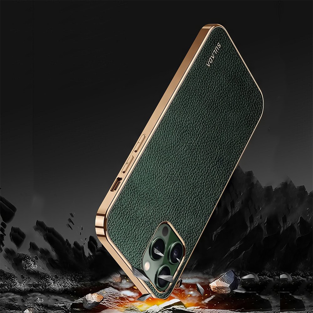 Etui do iPhone 13 Mini eleganckie luksusowe skórzane zielone ze złotem