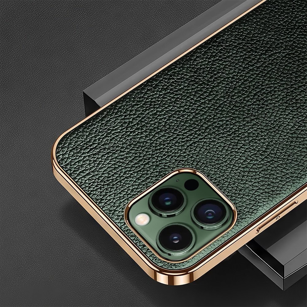Etui do iPhone 13 Pro Max eleganckie luksusowe skórzane zielone ze złotem