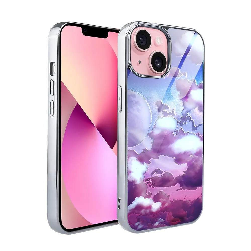 etui do iphone 13, silver glass, szklany tył, chmurki, srebrne (kopia)