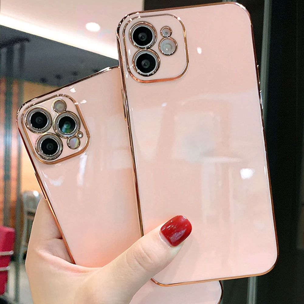 Etui do iPhone 13 luksusowe ze złotą ramką, pudrowy róż (OUTLET)