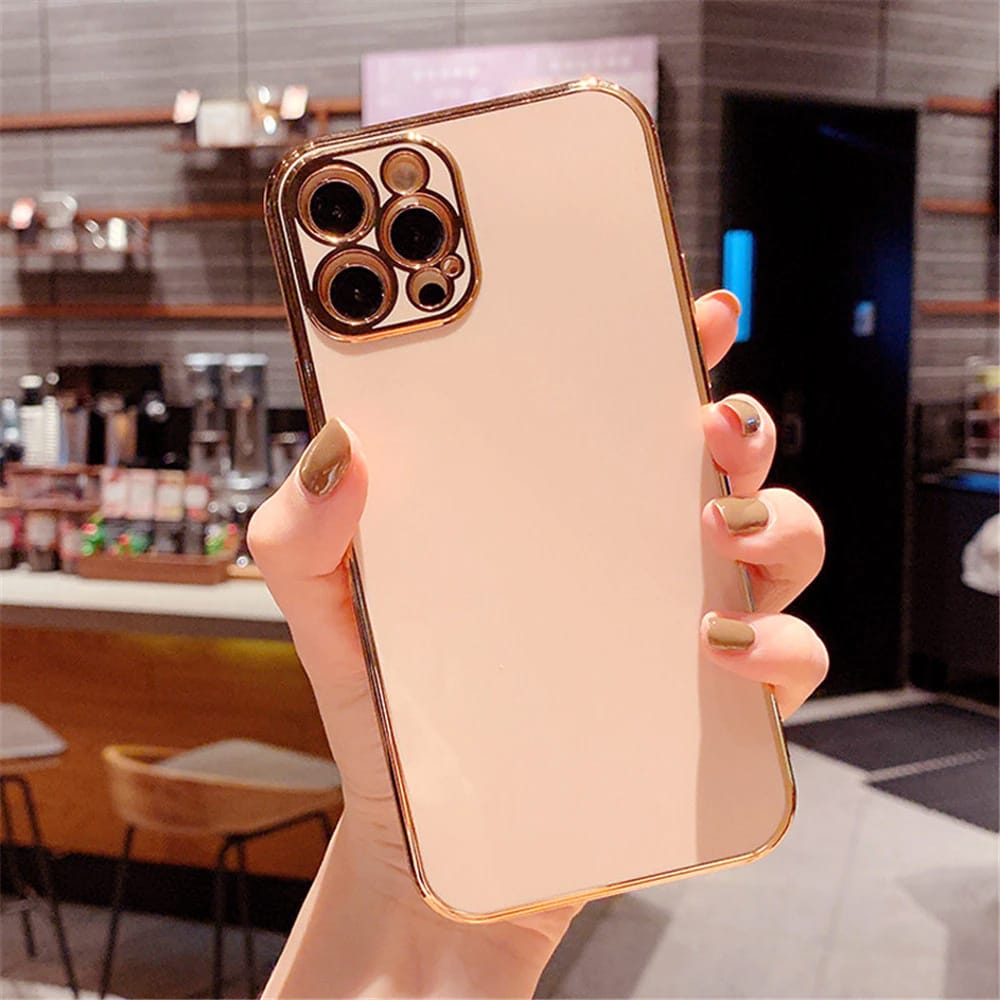 Etui do iPhone 13 luksusowe ze złotą ramką, pudrowy róż (OUTLET)