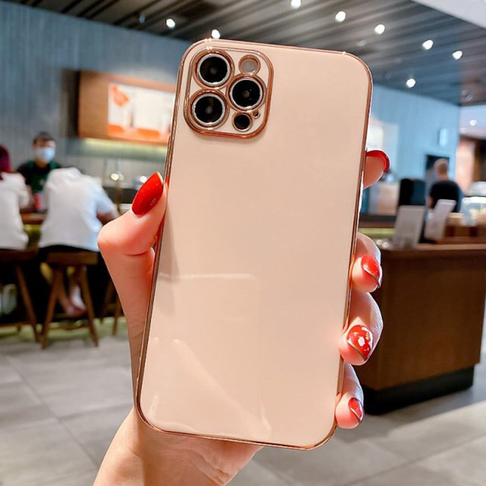 Etui do iPhone 13 luksusowe ze złotą ramką, pudrowy róż (OUTLET)