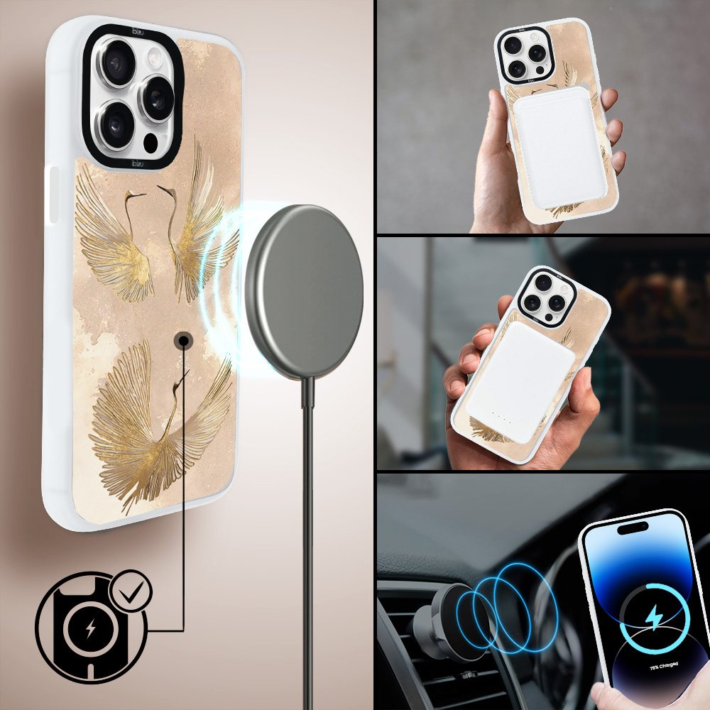 Etui do iPhone 14 Pro IBIZU DropGuard Matt z MagSafe, Boho, Złote żurawie