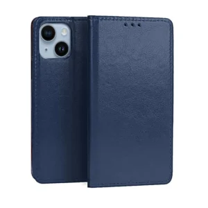 Etui do iPhone 14 zamykane, eleganckie skórzane, granatowe