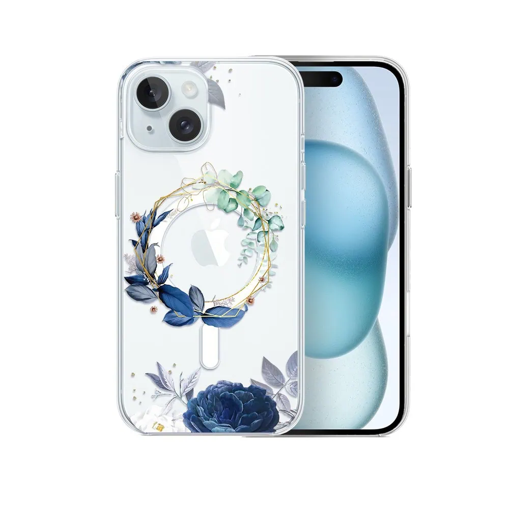 Etui do iPhone 15, Flower MagSafe, niebieskie kwiaty, przeźroczyste