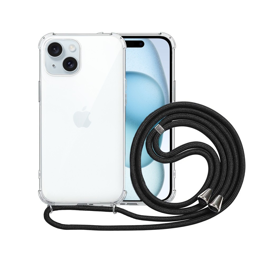 Etui do iPhone 15 Plus wzmacniane crossbody z czarną smyczą jak torebka, przeźroczyste