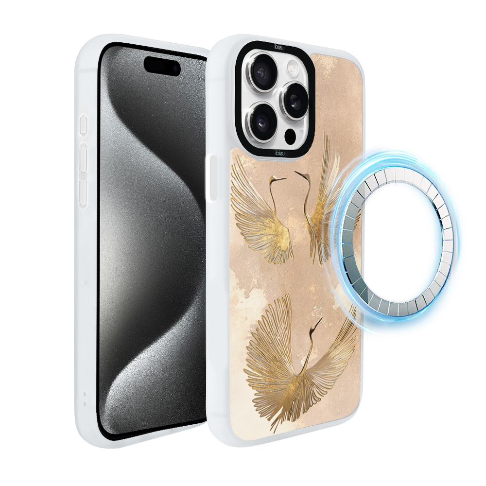 Etui do iPhone 15 Pro IBIZU DropGuard Matt z MagSafe, Boho, Złote żurawie