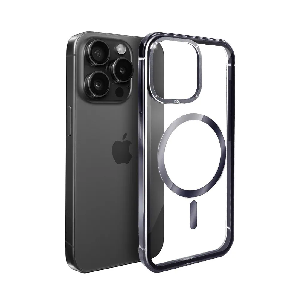 Etui do iPhone 15 Pro Max, Ibizu Elite Skin Cam Ring, krystalicznie czyste z metalową ramką, czarne z Magsafe