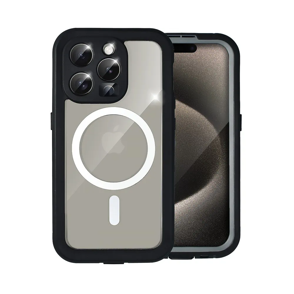 Etui do iPhone 15 Pro Max wodoodporne z MagSafe, pancerne, przeźroczyste, czarne