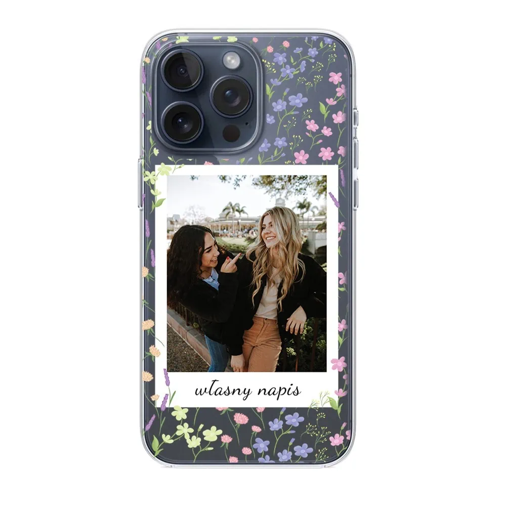 Etui do iPhone 15 Pro polaroid z własnym zdjęciem i napisem, kwiaty