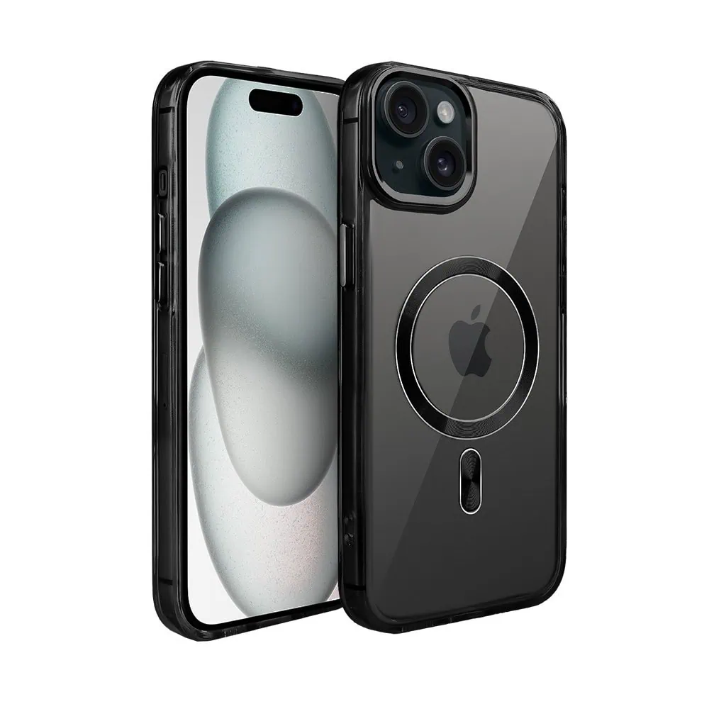 Etui do iPhone 15 Super Hybrid z MagSafe, twardy tył, metalowe ozdoby, czarne