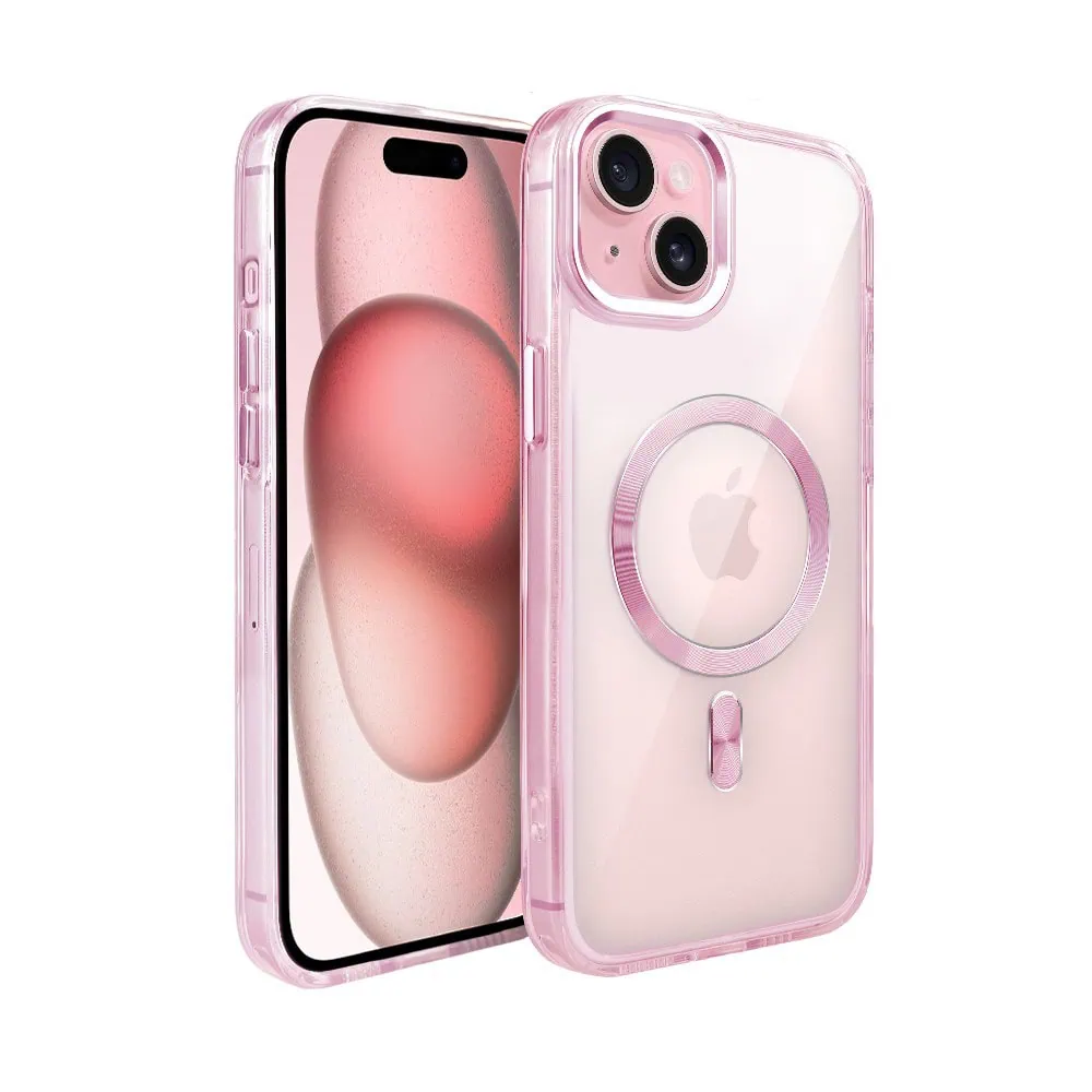 Etui do iPhone 15 Super Hybrid z MagSafe, twardy tył, metalowe ozdoby, różowe