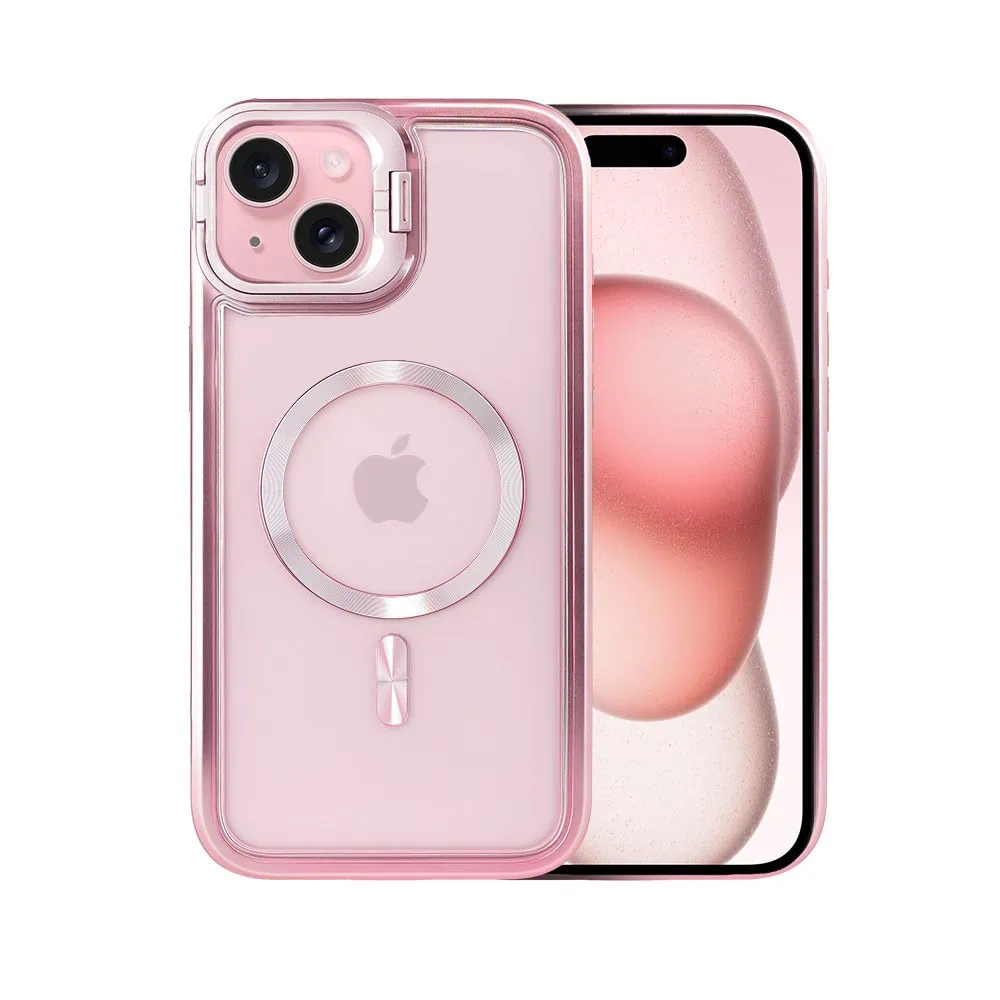 Etui do iPhone 15 solidne, pogrubione boki, wbudowana podstawka, twardy tył z MagSafe, różowe
