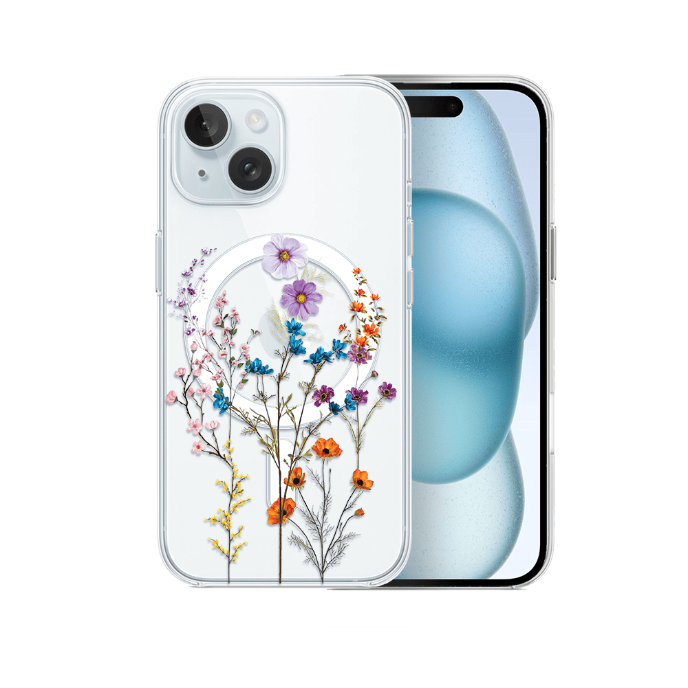Etui do iPhone 15 z MagSafe, kwiaty różnokolorowe, przeźroczyste