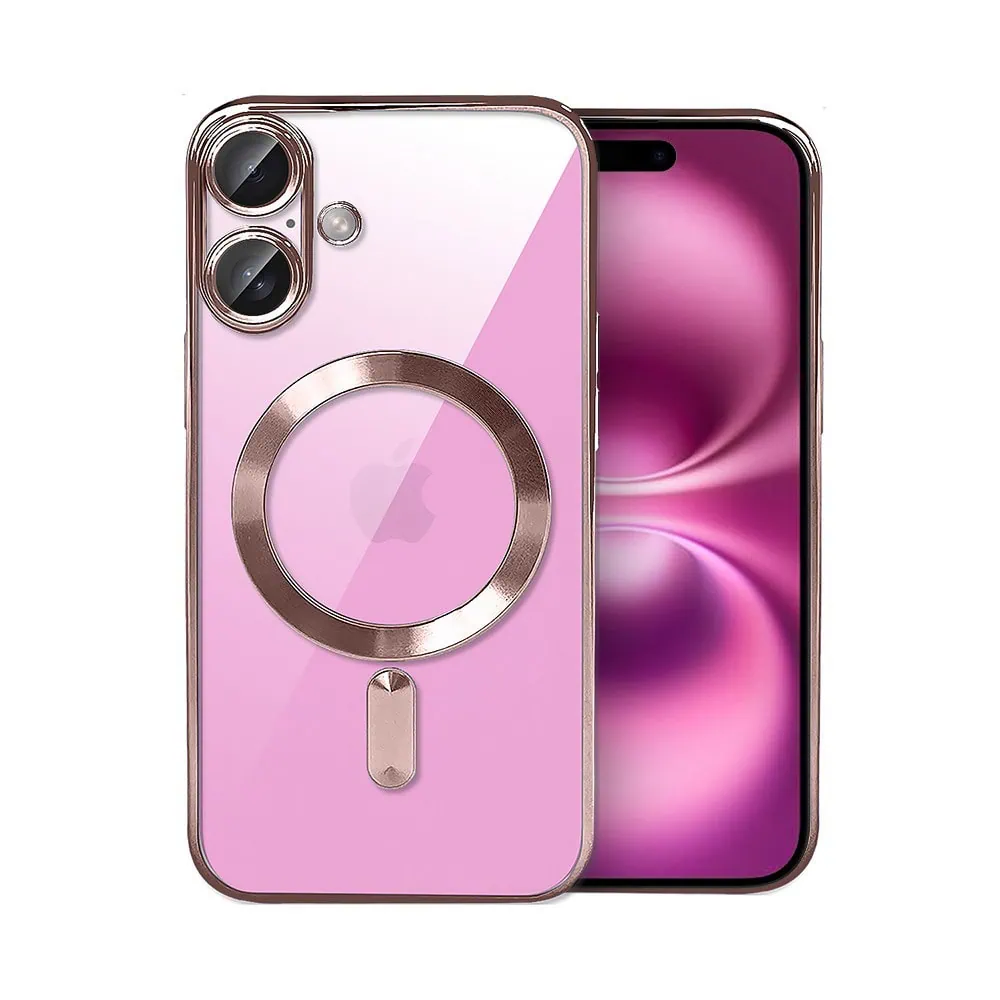 Etui do iPhone 16 MagSafe Luxury Protect przeźroczyste, hybrydowa ochrona kamery, różowe złoto