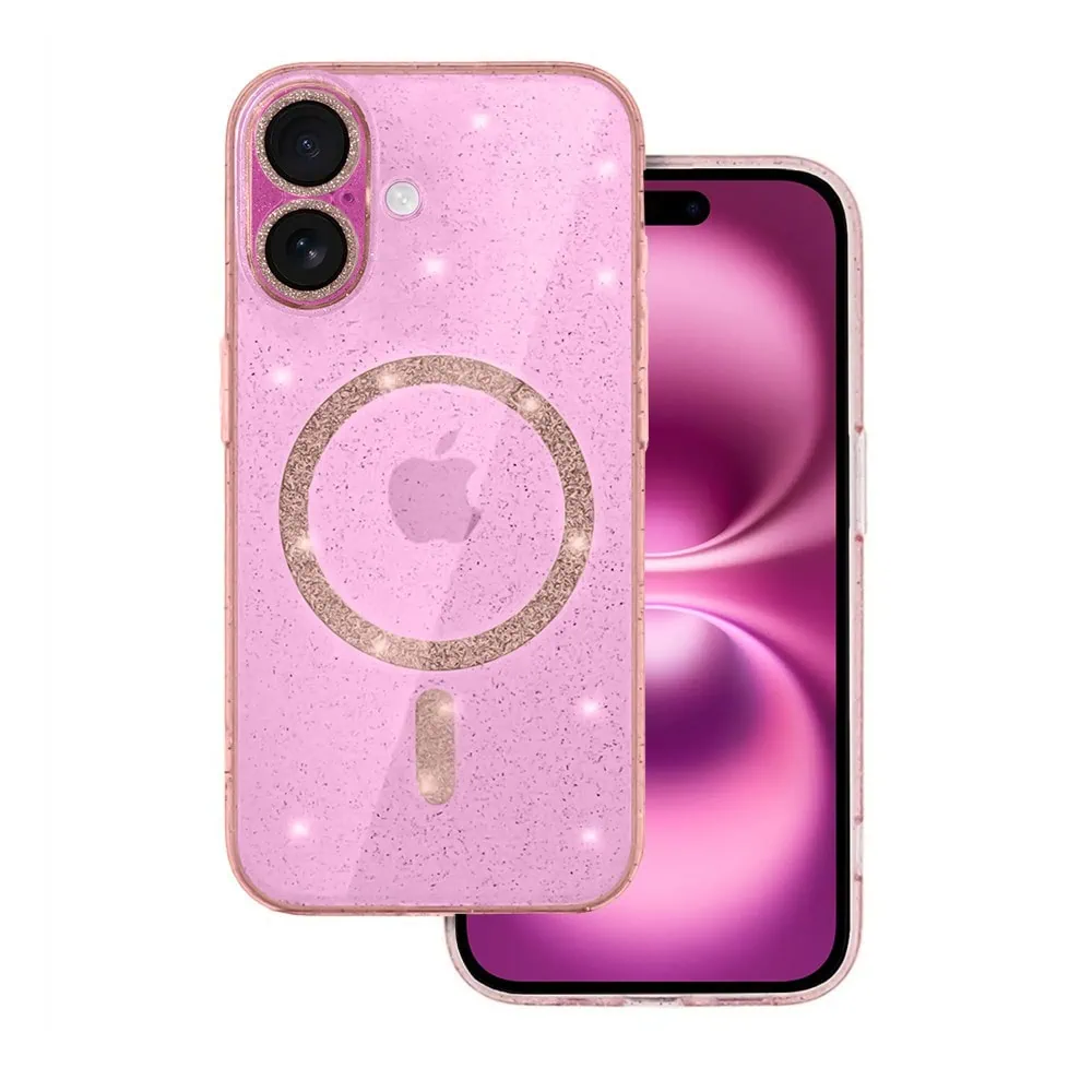 Etui do iPhone 16 z Magsafe, przeźroczyste, błyszczący brokat, różowe