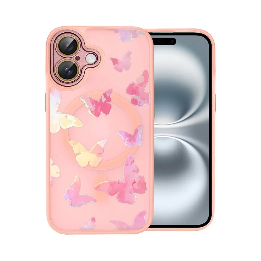 Etui do iPhone 16 Color Flush z Magsafe, z osłoną aparatu, z opalizującym nadrukiem motylki, różowe