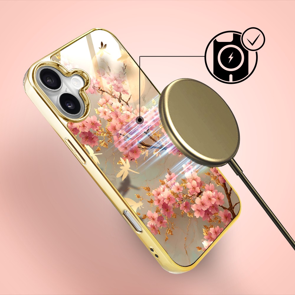 Etui do iPhone 16 Plus, Elite Glass z MagSafe, szklany tył, Azja, Taniec sakury, złote