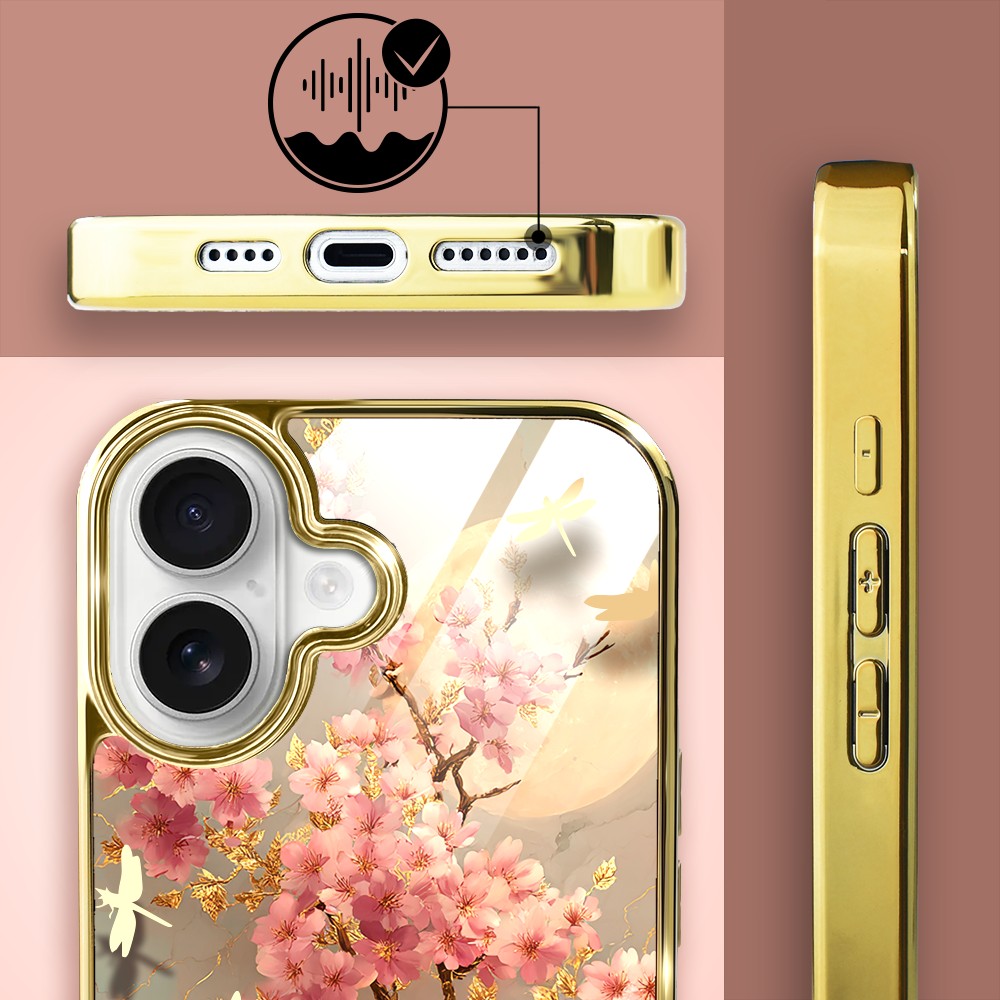 Etui do iPhone 16 Plus, Elite Glass z MagSafe, szklany tył, Azja, Taniec sakury, złote