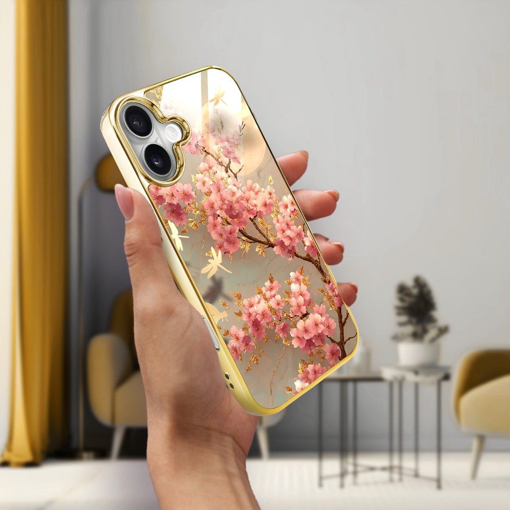 Etui do iPhone 16 Plus, Elite Glass z MagSafe, szklany tył, Azja, Taniec sakury, złote
