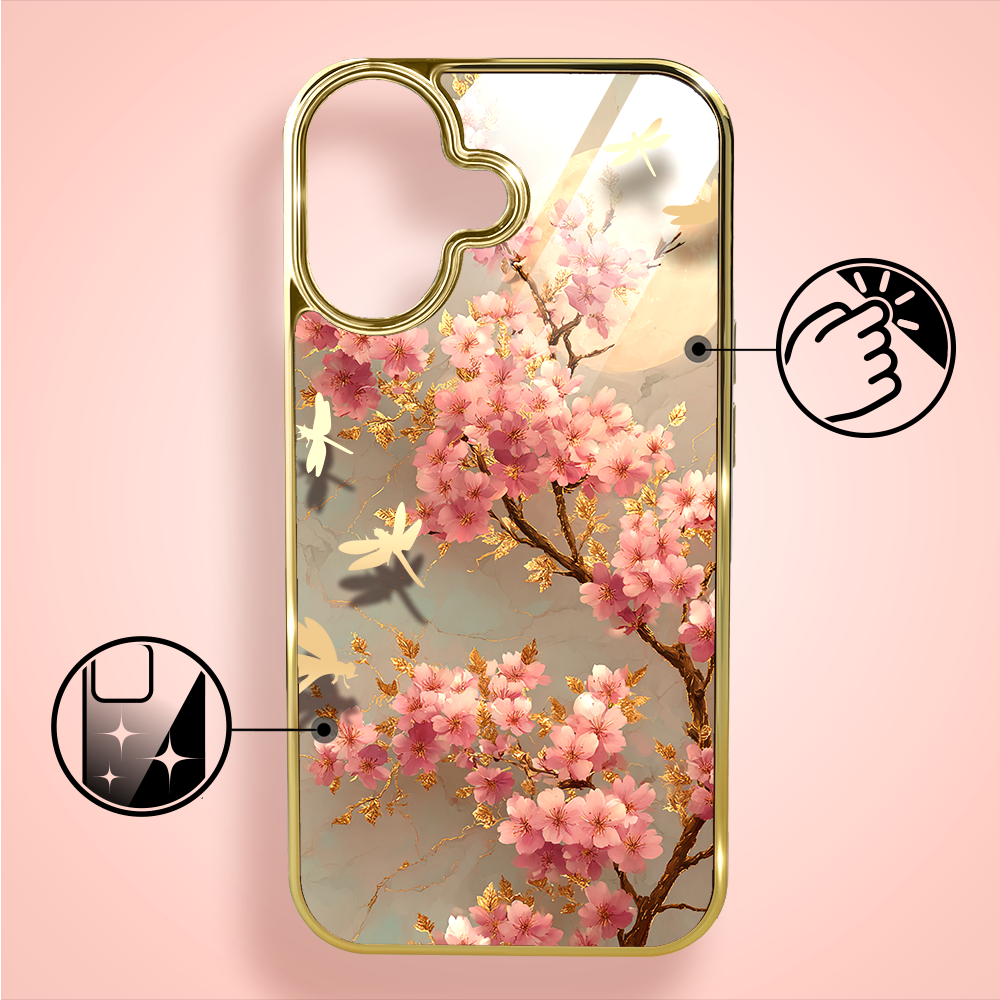 Etui do iPhone 16 Plus, Elite Glass z MagSafe, szklany tył, Azja, Taniec sakury, złote