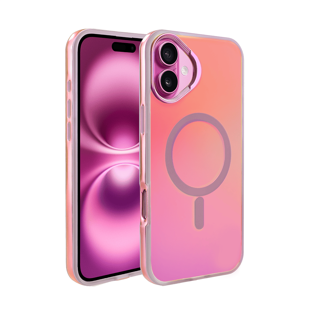 Różowy smartfon i przezroczyste etui z lupą.