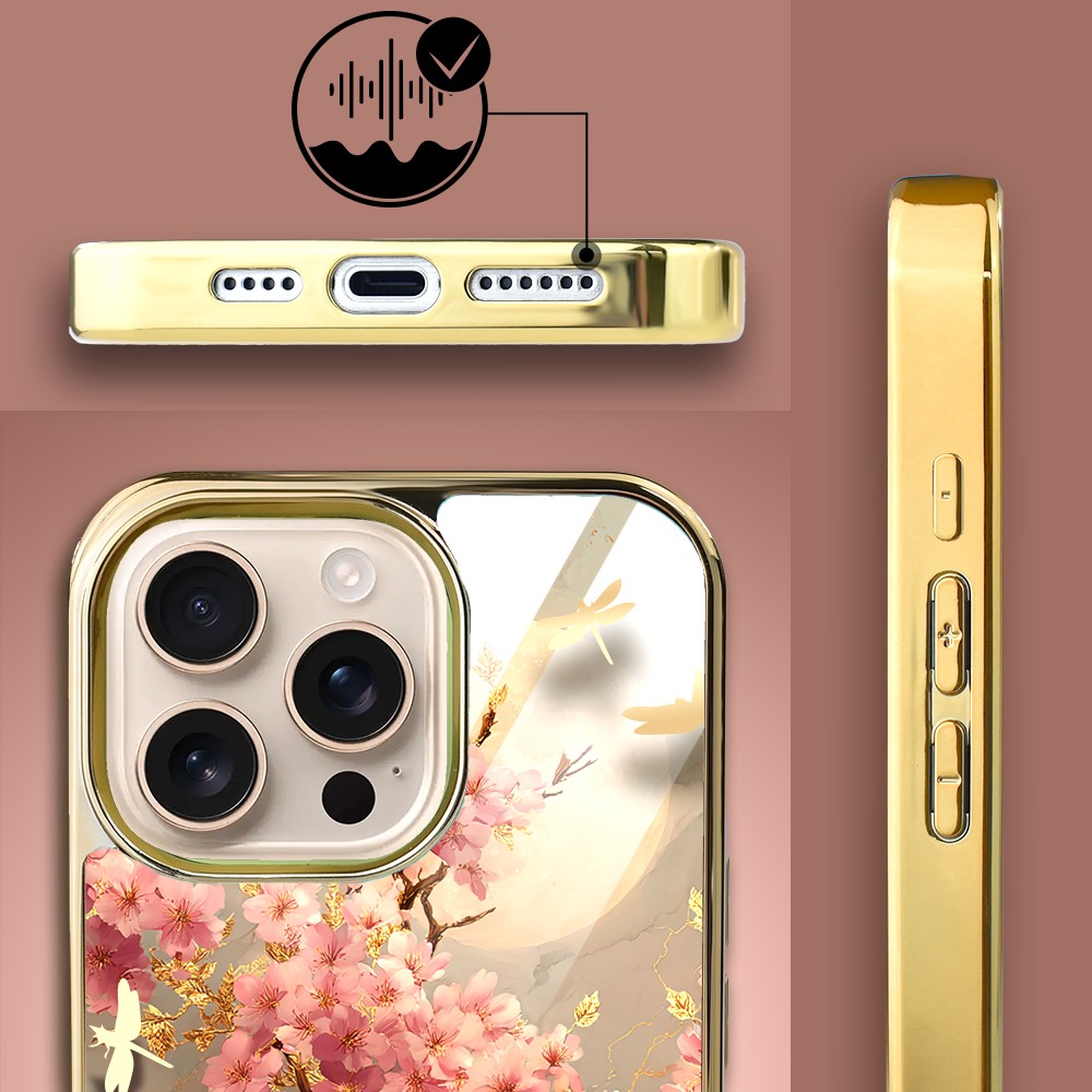 Etui do iPhone 16 Pro, Elite Glass z MagSafe, szklany tył, Azja, Taniec sakury, złote