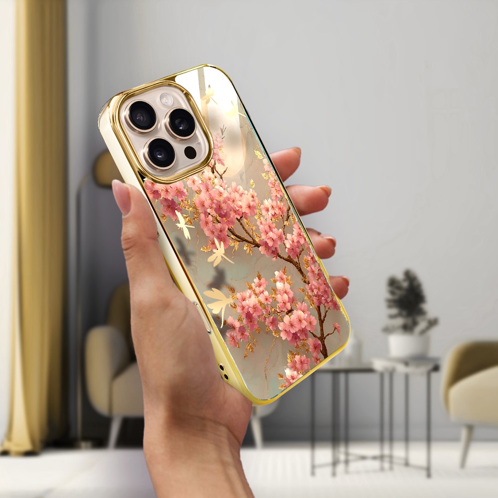 Etui do iPhone 16 Pro, Elite Glass z MagSafe, szklany tył, Azja, Taniec sakury, złote