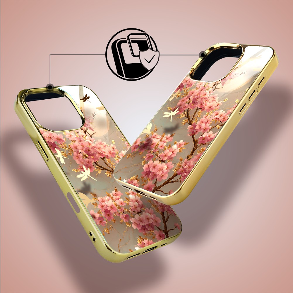 Etui do iPhone 16 Pro, Elite Glass z MagSafe, szklany tył, Azja, Taniec sakury, złote