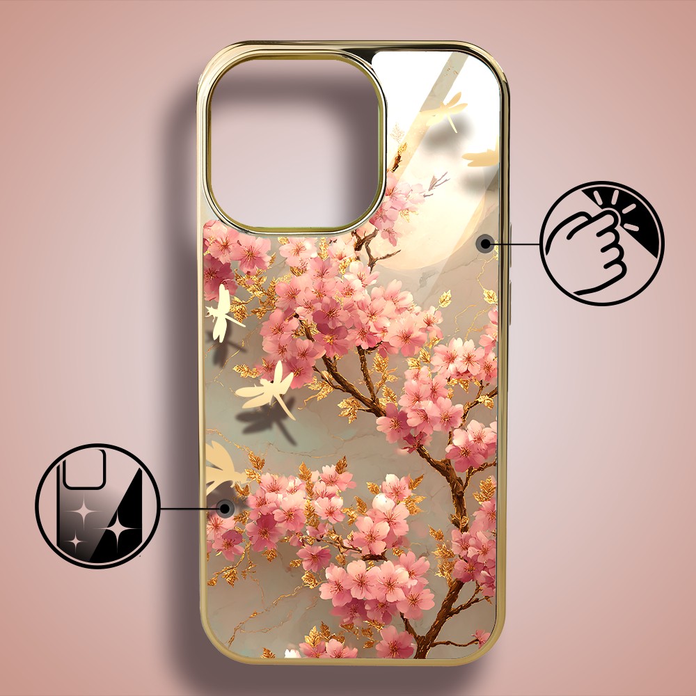 Etui do iPhone 16 Pro, Elite Glass z MagSafe, szklany tył, Azja, Taniec sakury, złote