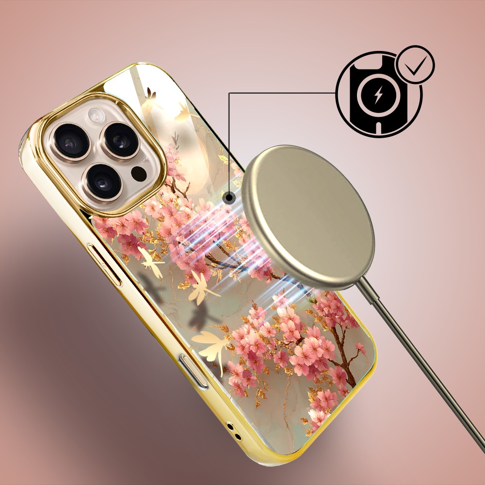 Etui do iPhone 16 Pro, Elite Glass z MagSafe, szklany tył, Azja, Taniec sakury, złote